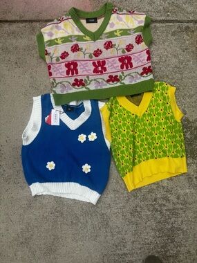 3 Cider Floral Knit Sweater Vests - Green, Blue, Yellow